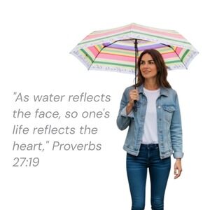 Rainbow Stripe Compact Folding Umbrella Proverbs 27:19 Quote